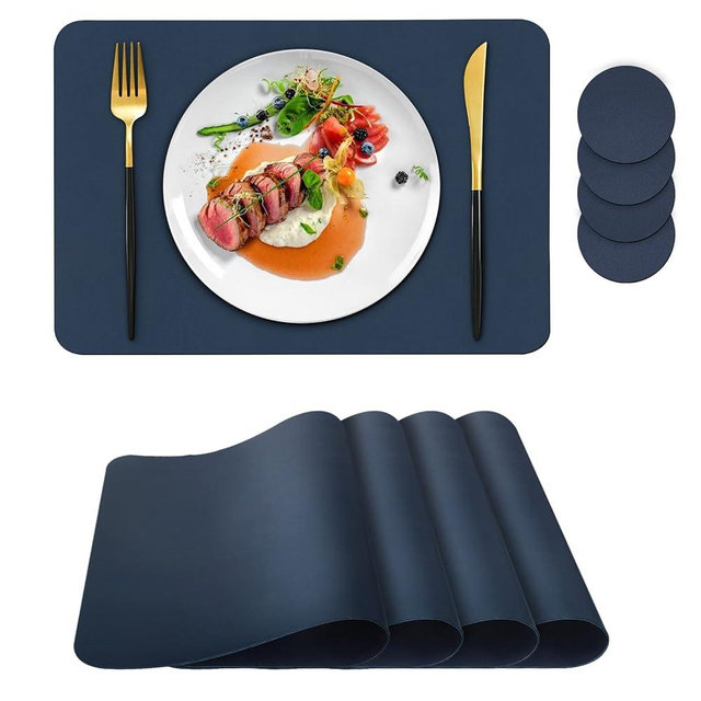 Placemats Set of 4, Placemat with Coasters Heat Stain Scratch Resistant Non-Slip Waterproof Oil-Proof Washable Wipeable Outdoor Indoor for Dining Patio Table Kitchen Decor and Kids，（Dark Blue 4）