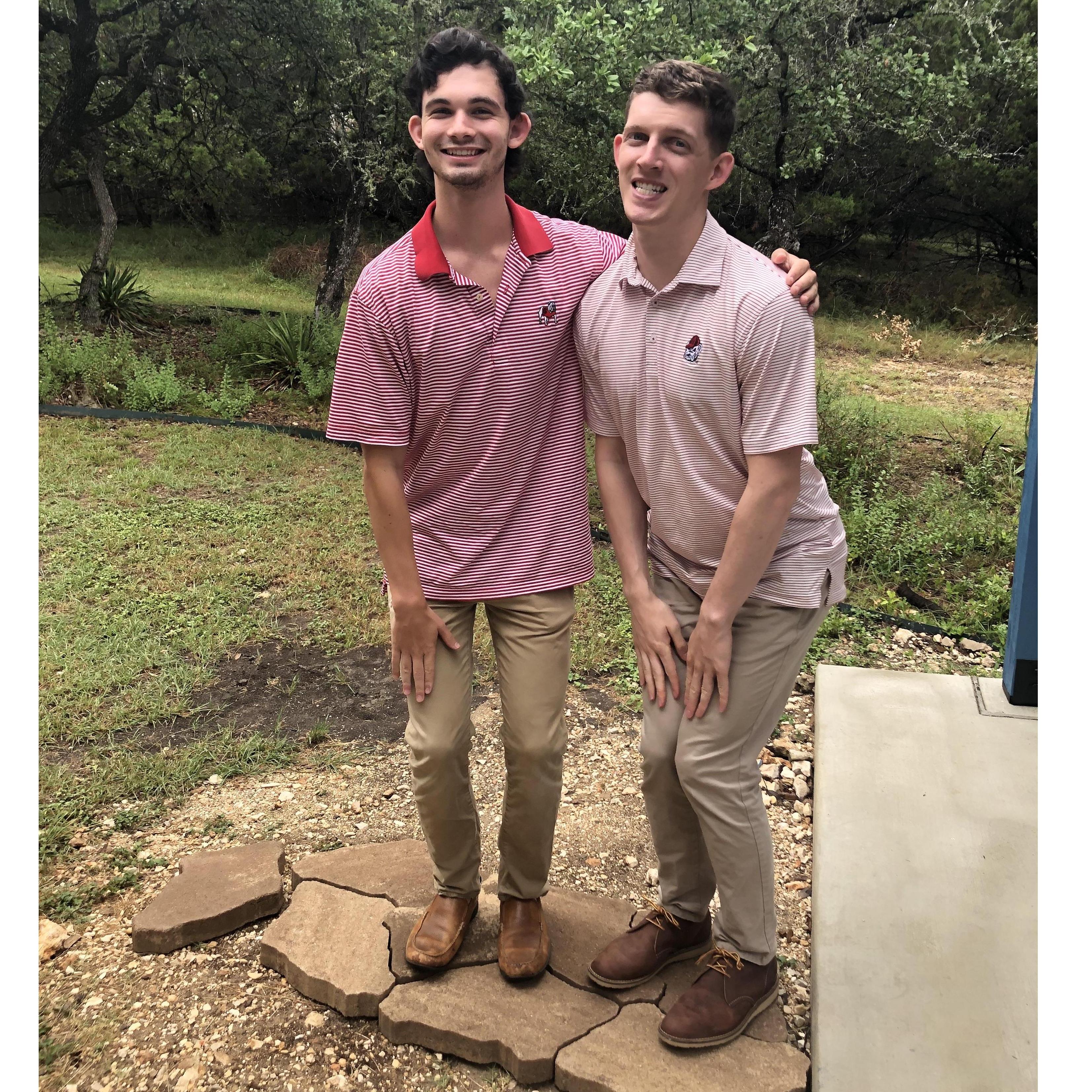 Benjamin and Anthony pulling off sorority squats.