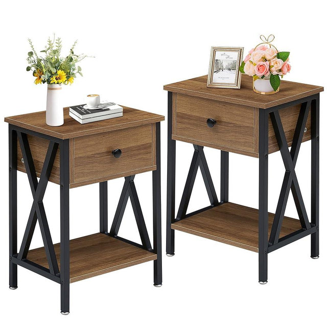 VECELO Nightstands Set of 2, Modern Bedside End Tables, Night Stands with Drawer and Storage Shelf for Living Room Bedroom, Industrial Metal Frame, Walnut Brown