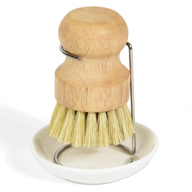 Qaskwaer Wooden Dish Brushes, Dish Scrubber Brush for Cleaning Dishes, Kitchen Wooden Cleaning Dsihes Set with Draining Rack, Natural Sisal Bristles, 1 Set