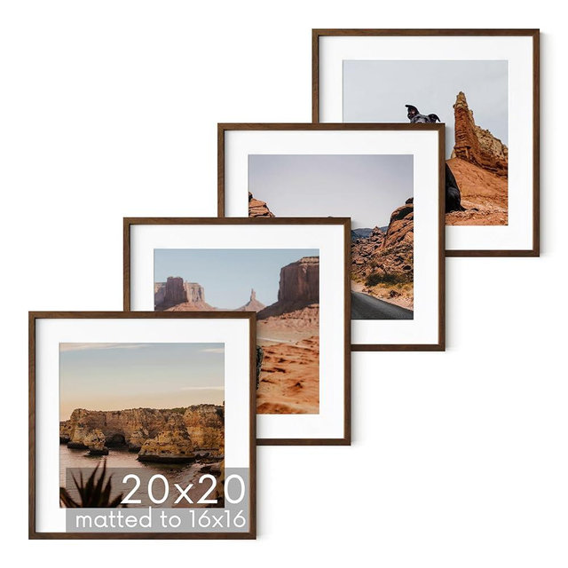 HAUS AND HUES 20x20 Picture Frames - Walnut Picture Frames 20x20 set of 4 Poster Frames, Square Picture Frames, 20x20 Frames Walnut Frames, Walnut Wood Picture Frames with Mat, Square Frames 20 x 20