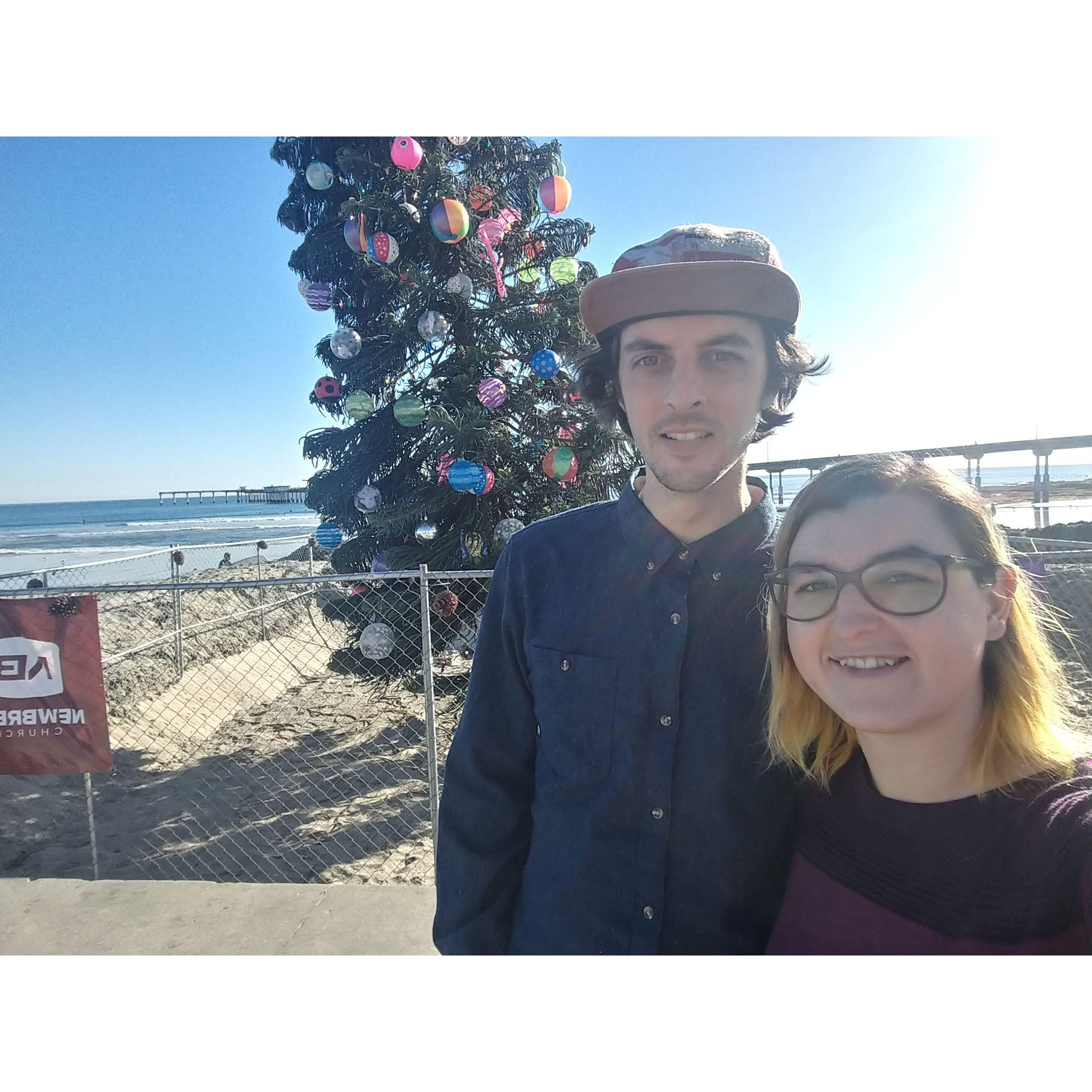 Visiting OB for Christmas and showing Ian the leaning tree.