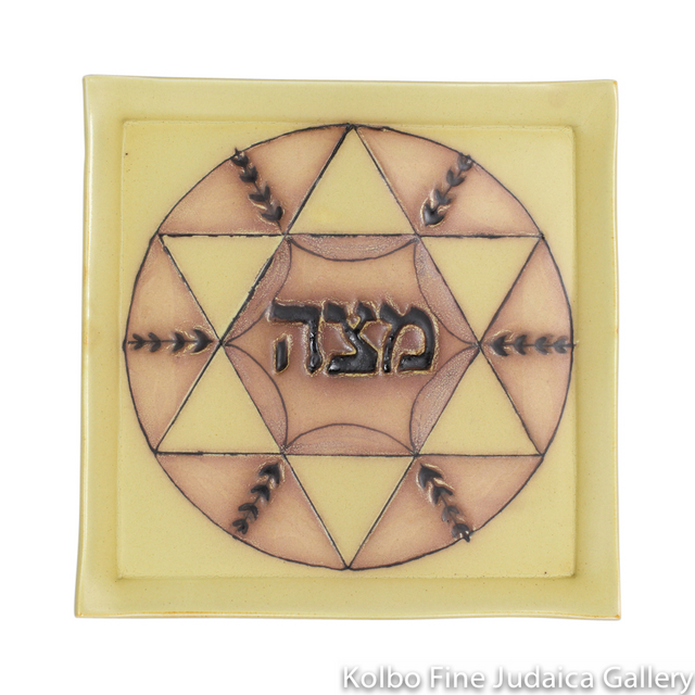 Matzah Plate, Yellow Background, Hand-Built and Hand-Painted Ceramic