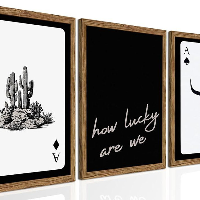 Western Wall Art Set of 3, Southwestern Cowboy Playing Card Wall Decor, Longhorn Bull Skull and How Lucky are We Poster Canvas Painting Prints for Bedroom Living Room 16x24 inch Wood Framed