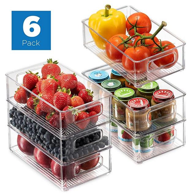 Set Of 6 Refrigerator Organizer Bins - Stackable Fridge Organizers with Cutout Handles for Freezer, Kitchen, Countertops, Cabinets - Clear Plastic Pantry Food Storage Rack