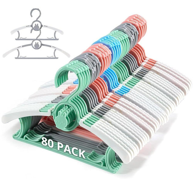 PIGLOG 80 Pack Baby Closet Hangers Kids Clothes Hangers Adjustable (Mix Colors) with Windproof Buckles, Extendable 11"-14" Baby Hangers for Kids Child Newborn Toddler Stackable & Space-Saving
