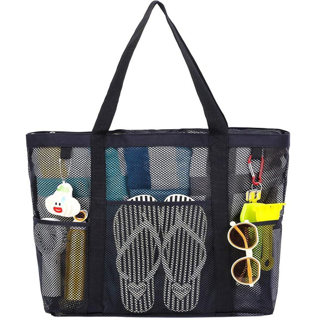 Fammart Mesh Beach Bag with Zipper, Large Beach Tote for Women, Toys Pool Swim Bag Travel Vacation Cruise Essentials