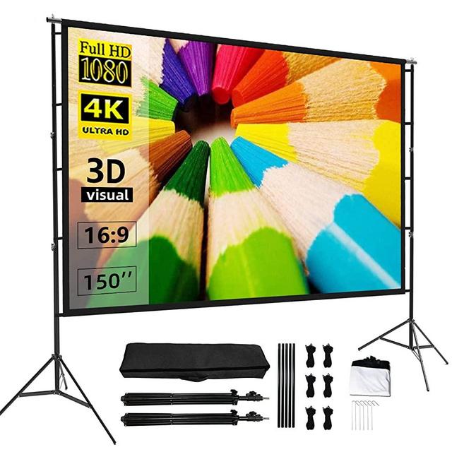 Projector Screen with Stand, Towond 150 inch Indoor Outdoor Projection Screen, Portable 16:9 4K HD Rear Front Movie Screen Pull Down with Carry Bag Wrinkle-Free Design for Home Theater Backyard Cinema