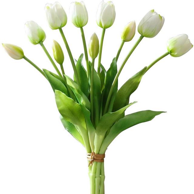 DAYHAP Artificial Flowers 10pcs Fake Tulips Real Touch, Faux Latex Tulips Flowers with Gift Box Soft Faux Tulips Bouquets Arrangements for Party Wedding Home Room Decoration(White)