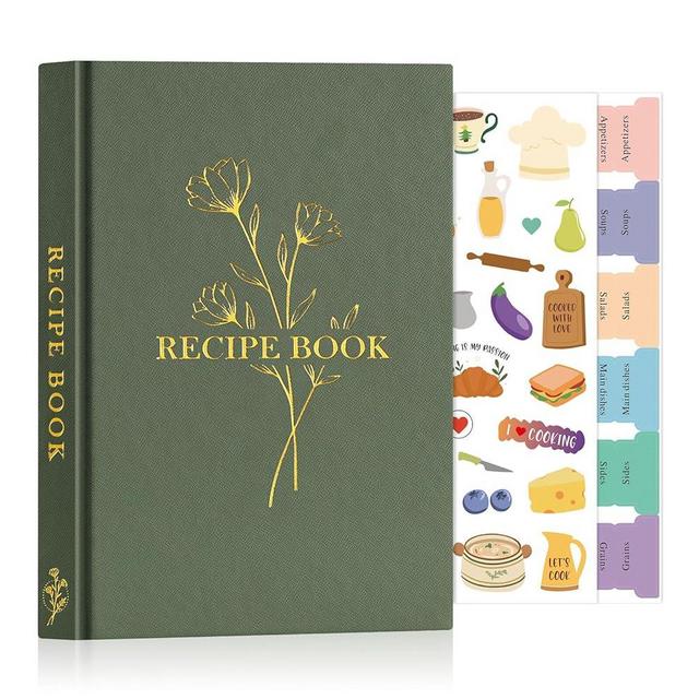 Lanpn Blank Recipe Book Cookbook to Write in Your Own Recipes, Waterproof A5 Empty Cooking Journal for 70 Recipes, Leather Cover Recipe Notebook with Stickers to Organize Your Family Recipes, Green