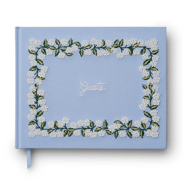 RIFLE PAPER CO. Hydrangea Embroidered Fabric Guest Book | Hard Cover Wrapped in Book Cloth & Ribbon Bookmark, (144 Ruled Pages Metallic Gold Ink, 10.25" W × 8.25" L)
