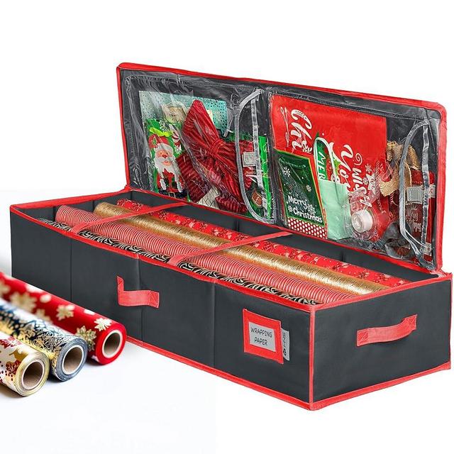 Premium Wrapping Paper Storage Container -Durable Material 600D tear-proof - Fits up to 27 Paper Rolls -Extra Pockets for Ribbons & Bows. Underbed Gift Wrap Organizer, Ideal for Holiday Christmas, etc