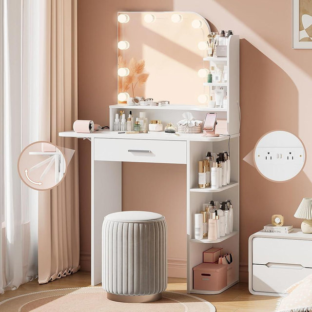 Neoriver Makeup Vanity Desk with Mirror and Lights, Power Outlet, 34.25”Small Vanity Mirror with Lights with Large Drawer, Foldable Shelve＆6 Storage, White Vanity with 3 Lighting Modes (White(Fold))