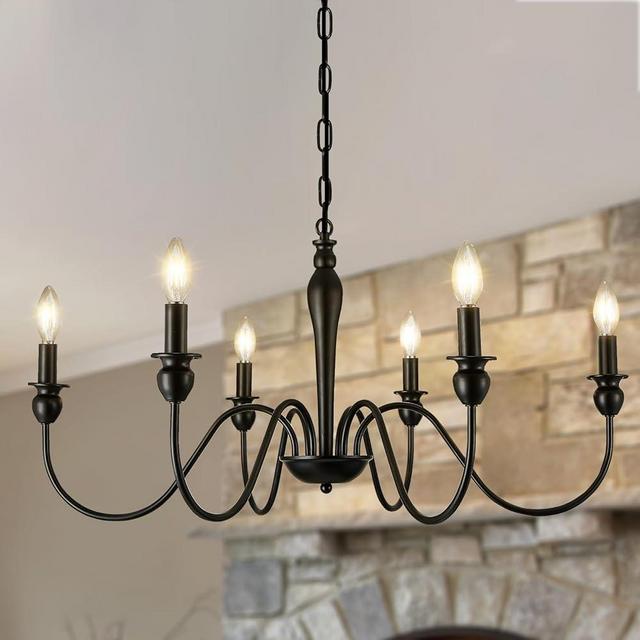 Vintage 32" Industrial Black Chandelier 6-Lights Farmhouse Rustic Vintage Candle Style Chandelier Light Fixture Retro Black Chandelier for Dining Room, Kitchen Island, Living Room, E12