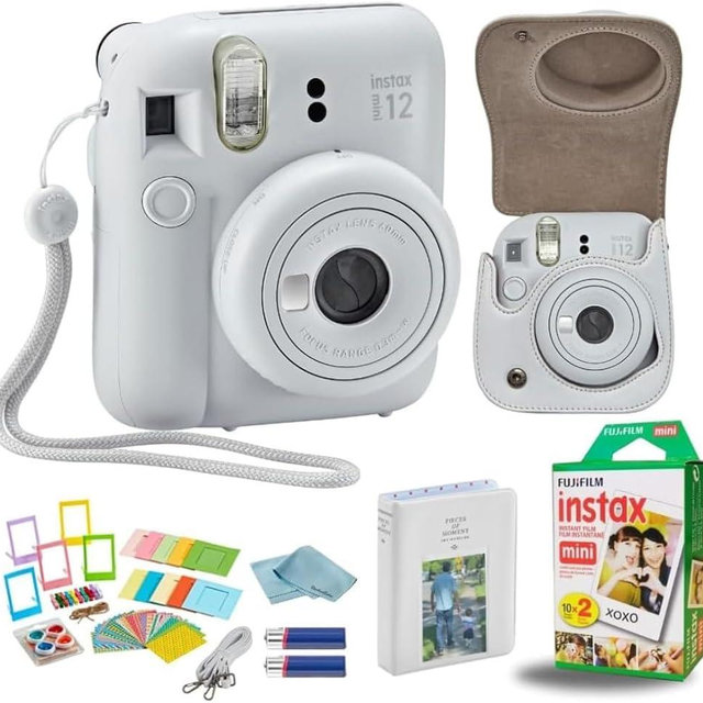Fujifilm Instant Mini 12 Camera + Accessory Bundle & Custom Case + Fuji Instant (20 Shots) Designer Mini Photo Album (60 Pockets) (Clay White)