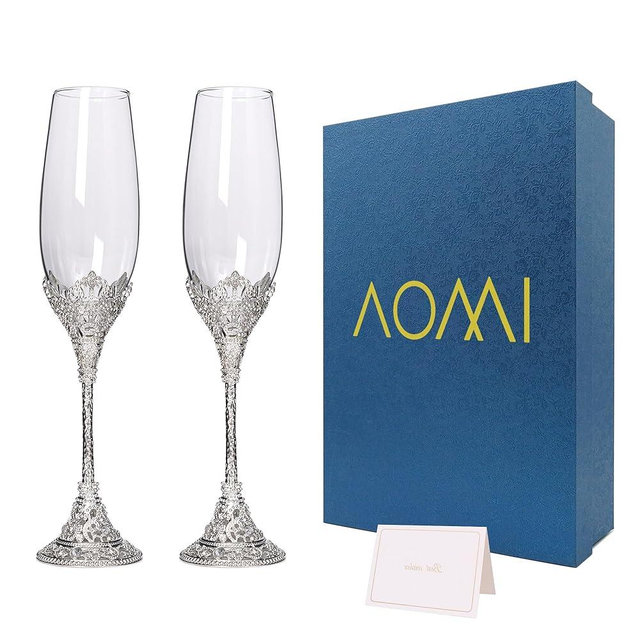 Wedding Champagne Flutes Toasting Glasses, Silver 7oz Toasting Flute Pair Crystal Metal Base with Sparkling Crystals for Wedding Anniversary Party Birthday Banquet and Gift for Bride Groom Giftboxed