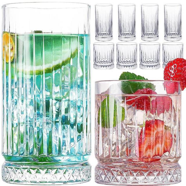 wookgreat Crystal Drinking Glasses, Set of 8 Durable Glass Cups-4 Highball Glasses 15oz & 4 Rocks Glasses 12oz, Mojito Cups, Cocktail Glass, Bar Glassware Set for Cocktail, Beer, Whiskey