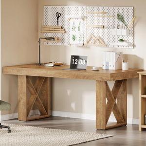 63'' Farmhouse Computer Desk with Thick Wood Top for Home Office - Yellowish Brown