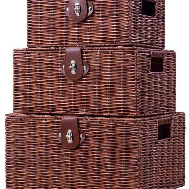 Homepeaz Set of 3 Woven Wicker Storage Basket Box with Lid & Lock, Built-in Carry Handles, Multifunctional Storage Organiser for Nursery, Baby, Clothes, Toys, Books, Large/Medium/Small Size (Natural)