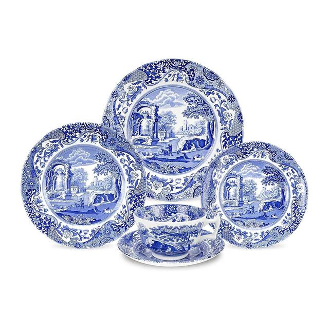Spode Blue Italian 5-Piece Place Setting, Fine Earthenware Dinner Plate, Salad Plate, Bread & Butter Plate, Teacup and Saucer, Made in England