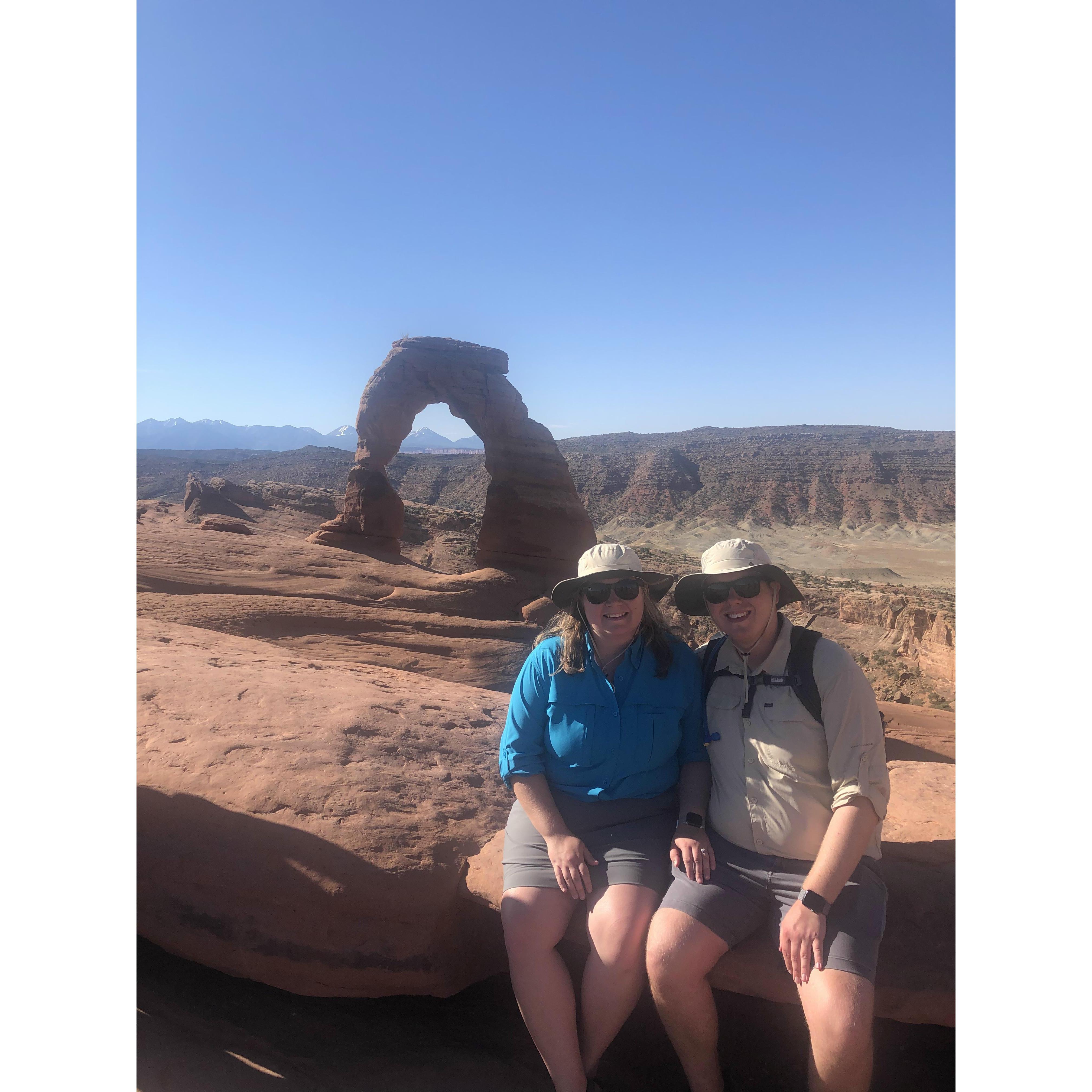 Arches National Park 2020: We looked like well prepared adventurers that day! What a cool park (except for the heat)!