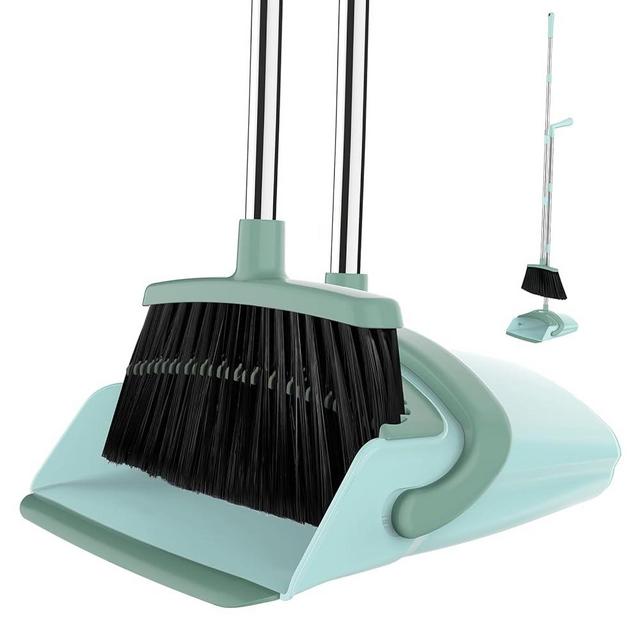 EZKEY Broom and Dustpan Set for Home, 51-in Long Adjustable Handle Angle Broom and Dustpan Combo Set with Dust Pan Teeth to Clean Hair for Home Kitchen Office Lobby Floor Garden, Green