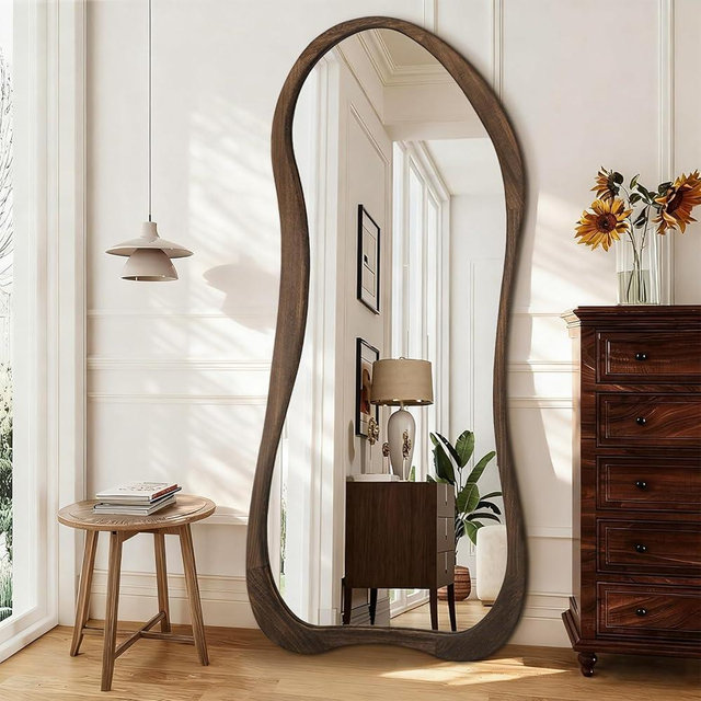 AAZZKANG Full Length Mirror with Retro Wood Framed Irregular Floor Mirrors Large 71"x32" Asymmetrical for Bedroom Living Room Entryway Dressing Room Wall Mounted