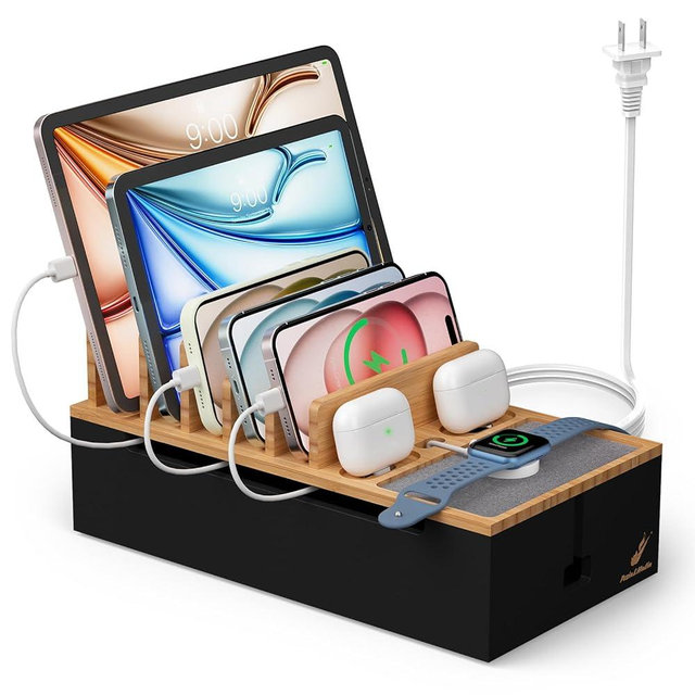 Pezin & Hulin Cable Management Box, Docking Station for Multi Devices, with 5 Ports Charge Adapter and 6 Cables, Wire Organizer for Cords, Box to Hide Cords and Storage Power Strip -Natural + Black