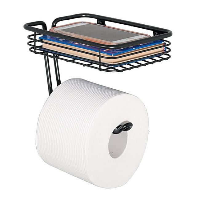 mDesign Toilet Tissue Paper Holder and Multi-Purpose Shelf - Wall Mount Storage Organizer for Bathroom, Holds 1 Mega Rolls - Durable Metal Wire Design - Matte Black