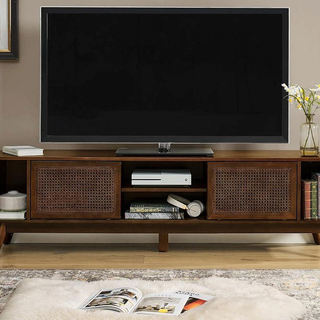 LKTART 68 Inch Mid Century Modern TV Stands with Rattan Doors, MCM Entertainment Center Media Console for 60/65/70/75 inch TVs, Long Boho Television Stand for Living Room, Light Walnut
