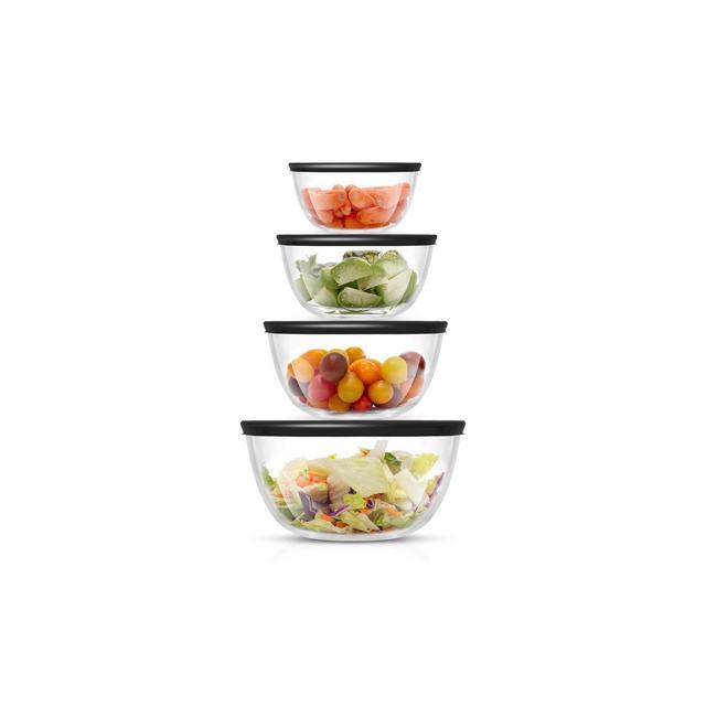 JoyJolt JoyFul 4 Kitchen Glass Food Mixing Bowls With Lids - Black