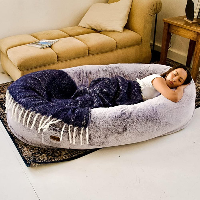 Plufl Human Dog Bed for People - Memory Foam People Sized Dog Bed w/Machine Washable Cover - Giant Human Dog Bed for Adults, Kids and Pets. Comfortable, Durable, Fluffy, and Comfy Oval Human Dog Bed