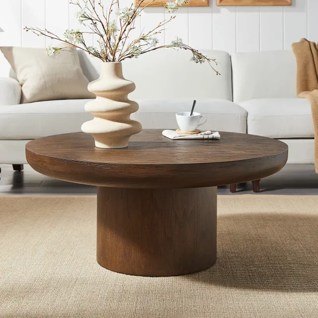 Round Coffee Table Wood Sofa Side Table Center Table with Cylindrical Leg, Dark Brown-ModernLuxe