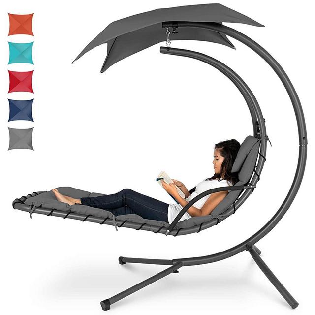 Best Choice Products Hanging Curved Chaise Lounge Chair Swing for Backyard w/Pillow, Canopy, Stand - Charcoal Gray
