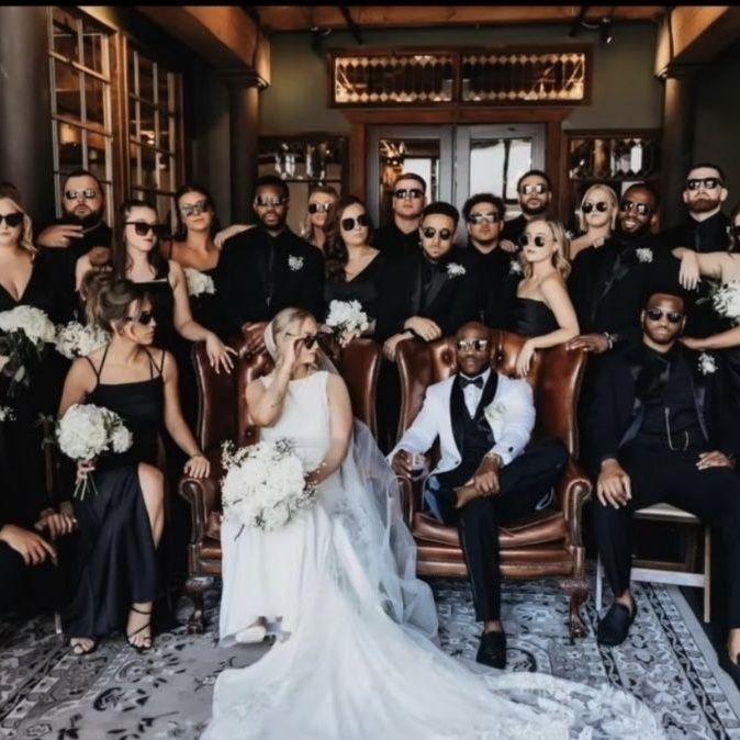 Here’s the vibe we’re going for: the bride in white, the groom in black and white, and our stunning guests in all black.