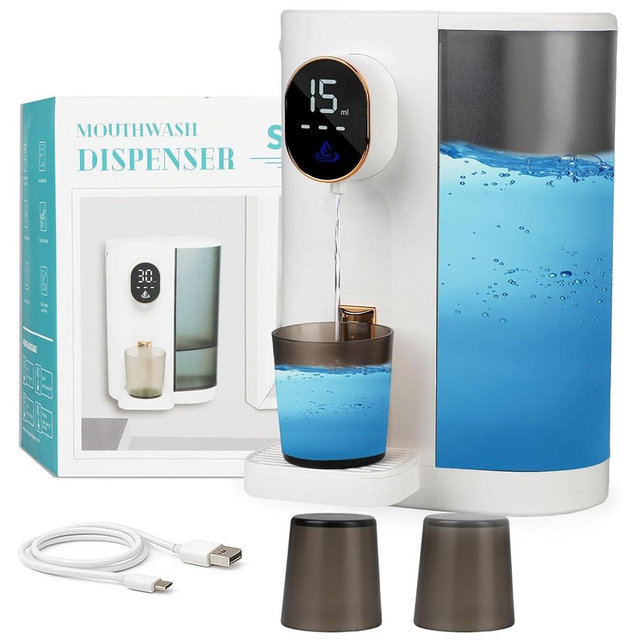 Domigard Automatic Mouthwash Dispenser for Bathroom, 20.3Oz Mouth Wash Dispenser for Kids and Adult with Magnetic Cups, 3 Dispensing Level, Wall Mounted Electric Mouth Wash Container