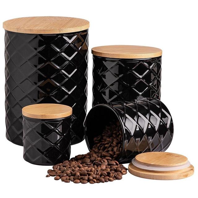 Sweejar Ceramic Canisters Sets for Kitchen Countertop, Relief Food Storage Jar with Bamboo Lid, Stackable Container for Flour, Coffee, Pasta, Cereal, Tea, Cookies, Sugar, Spices, Pack of 4 (Black)