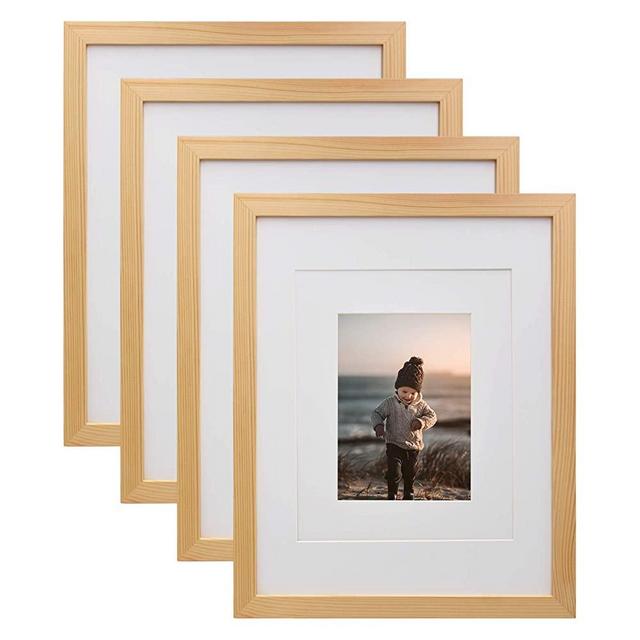 KINLINK 11x14 Picture Frames Natural Wood Frames with Acrylic Plexiglass for Pictures 5x7/8x10 with Mat or 11x14 Without Mat, Tabletop and Wall Mounting Display, Set of 4