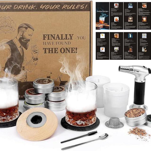 Whiskey Cocktail Smoker Kit with Torch, 6 Flavors Wood Chips, 2 Whiskey Glasses, 2 Ice Ball Molds, Bourbon Old Fashioned Drink Smoker Kit, Gifts for Men, Dad, Husband, Boyfriend(No Butane)
