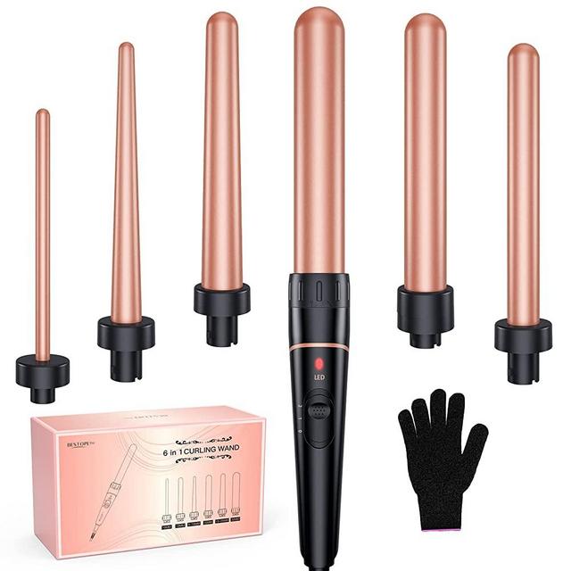 Curling Iron Set 6 in 1 Curling Wand Professional 0.35''-1.25'' Hair Curler Iron Wand with 6 Interchangeble Ceramic Barrels, Instant Heat Up & LED Control, Include Glove