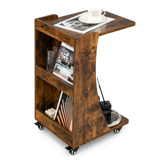 Costway Side Table with Rolling Casters Mobile C-shaped End Table with 2-Tier Open Storage Shelf &2 Back Storage Compartments Brown