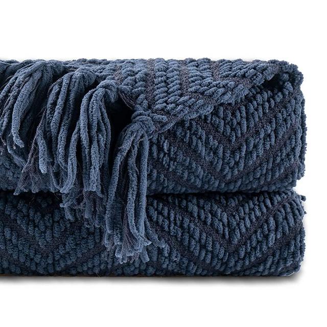 BATTILO HOME Navy Blue Throw Blanket Knitted Herringbone Throw, Super Soft Cozy Warm Throws for Living Room Chair Couch Bed Sofa Bedroom Home Decor, 56" x 96"