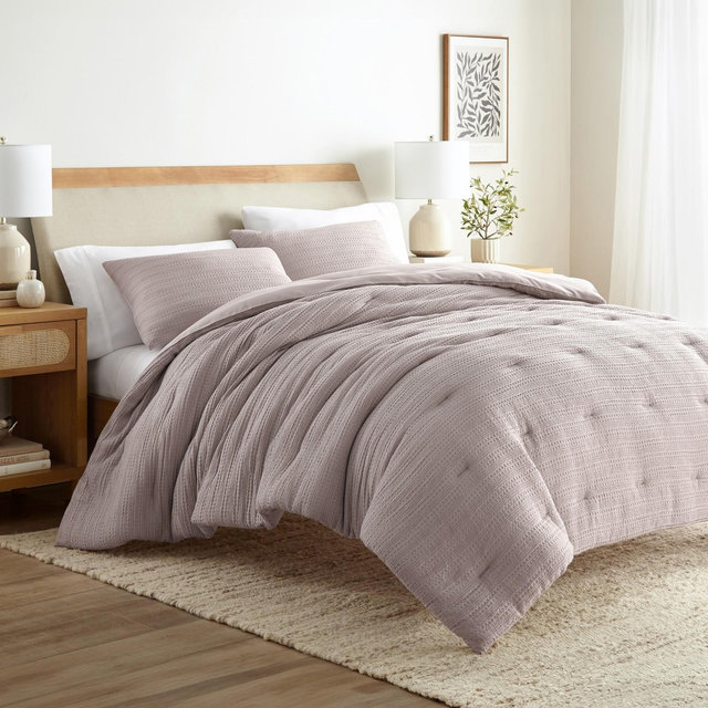 Waffle Textured Comforter Set All Season Down-Alternative Ultra Soft Bedding - Becky Cameron, Mauve, Full/Queen