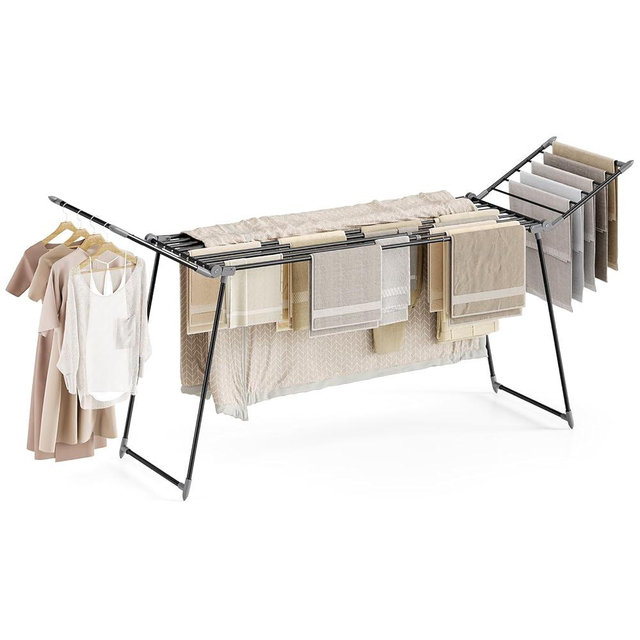 APEXCHASER Clothes Drying Rack Foldable, Large Drying Rack for Clothing Retractable, Winged Laundry Rack Folding Indoor Outdoor, Metal Clothes Airer for Bedding Towel Sweater Heavy Duty, Black