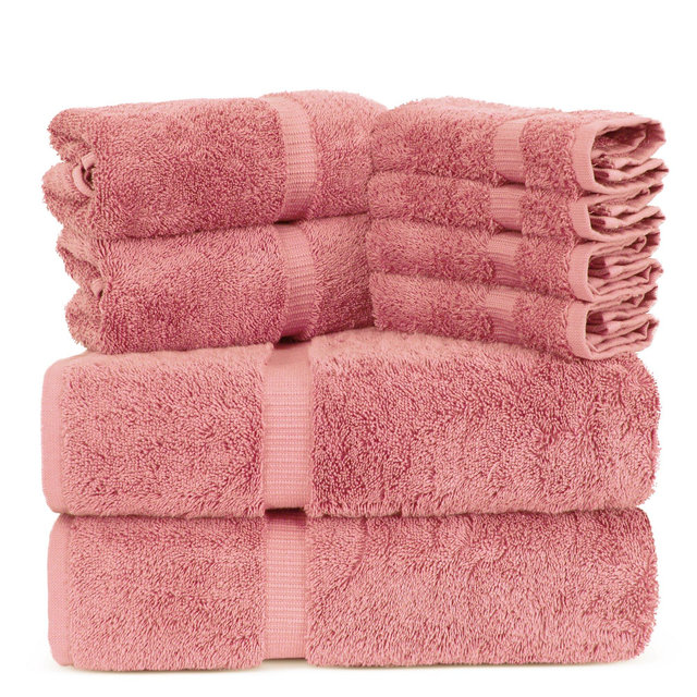 Towel Bazaar Luxury Hotel and Spa Quality Dobby Border 100% Turkish Cotton Eco-Friendly and Highly Absorbent Towel Set (Set of 8, Pink)