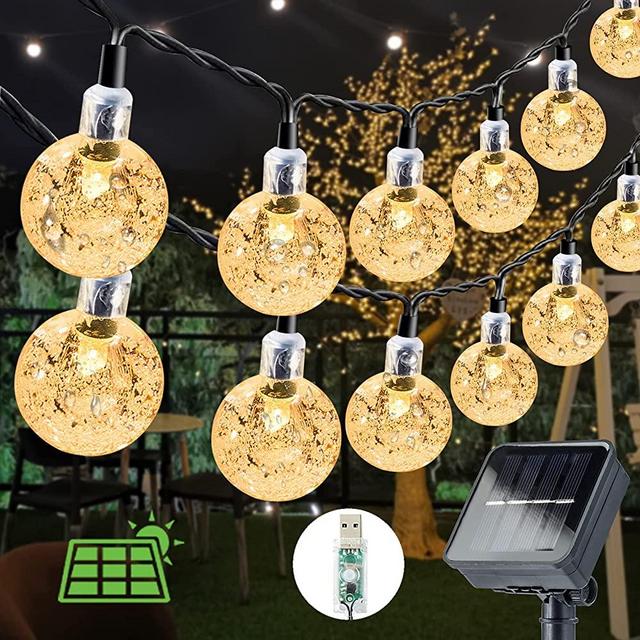Solar String Lights Outdoor 60 LED 36ft Solar Patio Lights with 8 Modes, Solar Powered/USB , Waterproof Crystal Ball String Lights for Patio, Lawn, Garden, Wedding, Party, Christmas Decor(Warm White)