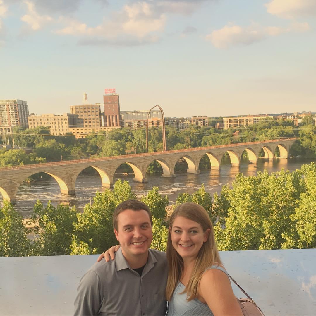 The Cantilever Bridge off the Guthrie Theater, with the stone arch bridge in the background.