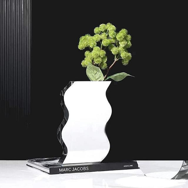 YalzoneMet Acrylic Vase Geometric Flower Vase Special Wave Shape Vase Unique Desktop Decoration Plant Floral Container for Home Office Wedding Decor Rose (Silver Mirror)