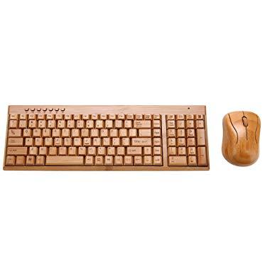 Telesthesia Bamboo Design Keyboard Mouse Wooden Keyboard and Mouse Suit 100% Natural Bamboo Wooden Wood PC Multi-media Function wireless Keyboard and Mouse Combo,UK Layout with 201 keys