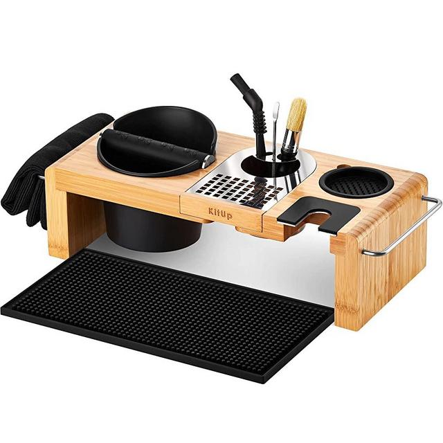KitUp Coffee Lab Coffee Station - Espresso Knock Box, Tamping Station, Tamping Mat, Bamboo Organizer, Coffee Art Pen & Brushes, Bar Mat, & Towel - Espresso Machine Accessories, Barista Accessories
